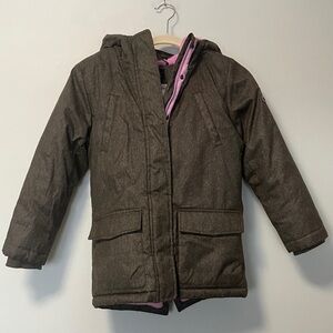 Roots Herringbone Brown Jacket Cozy Pink Lining with Hood Water Rain proof